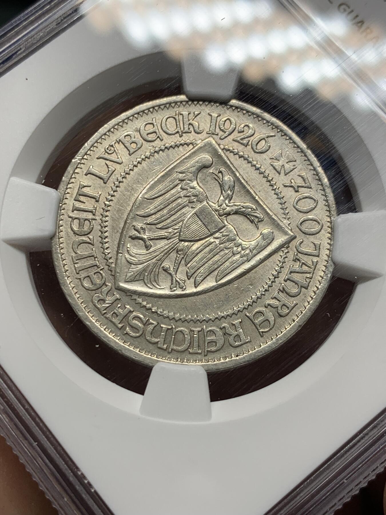 《竞宝斋》第374场 周日，周一，周二 3场连拍 （全场包邮） NGC UNCD 德国1926A吕贝克700年自由3马克银币