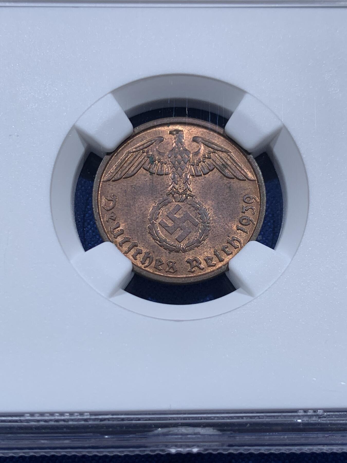 《竞宝斋》第374场 周日，周一，周二 3场连拍 （全场包邮） NGC MS63RB 1939B德国2芬尼