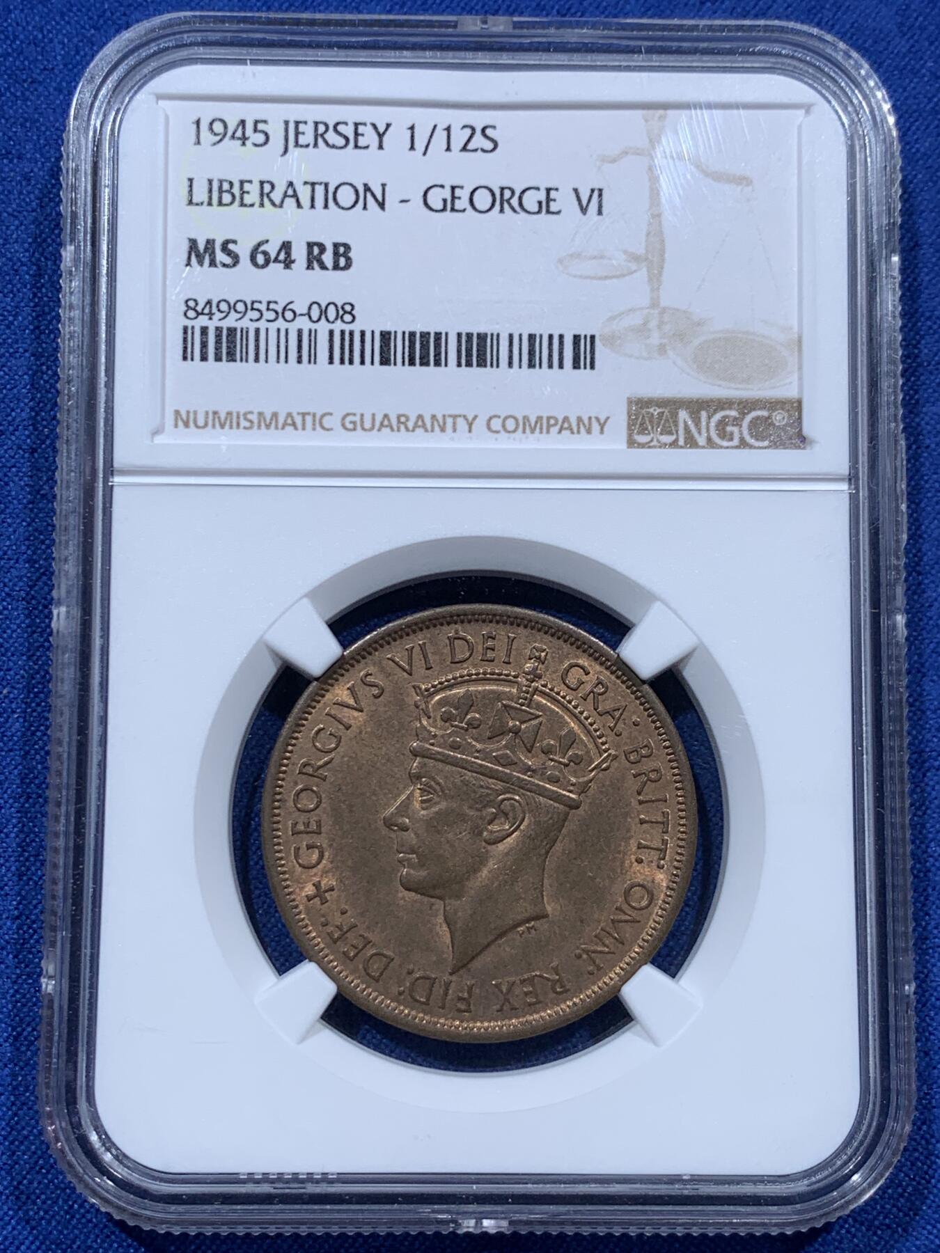 《竞宝斋》第374场 周日，周一，周二 3场连拍 （全场包邮） NGC MS64RB 泽西1945年1/12先令，乔治六世版本，分数合格