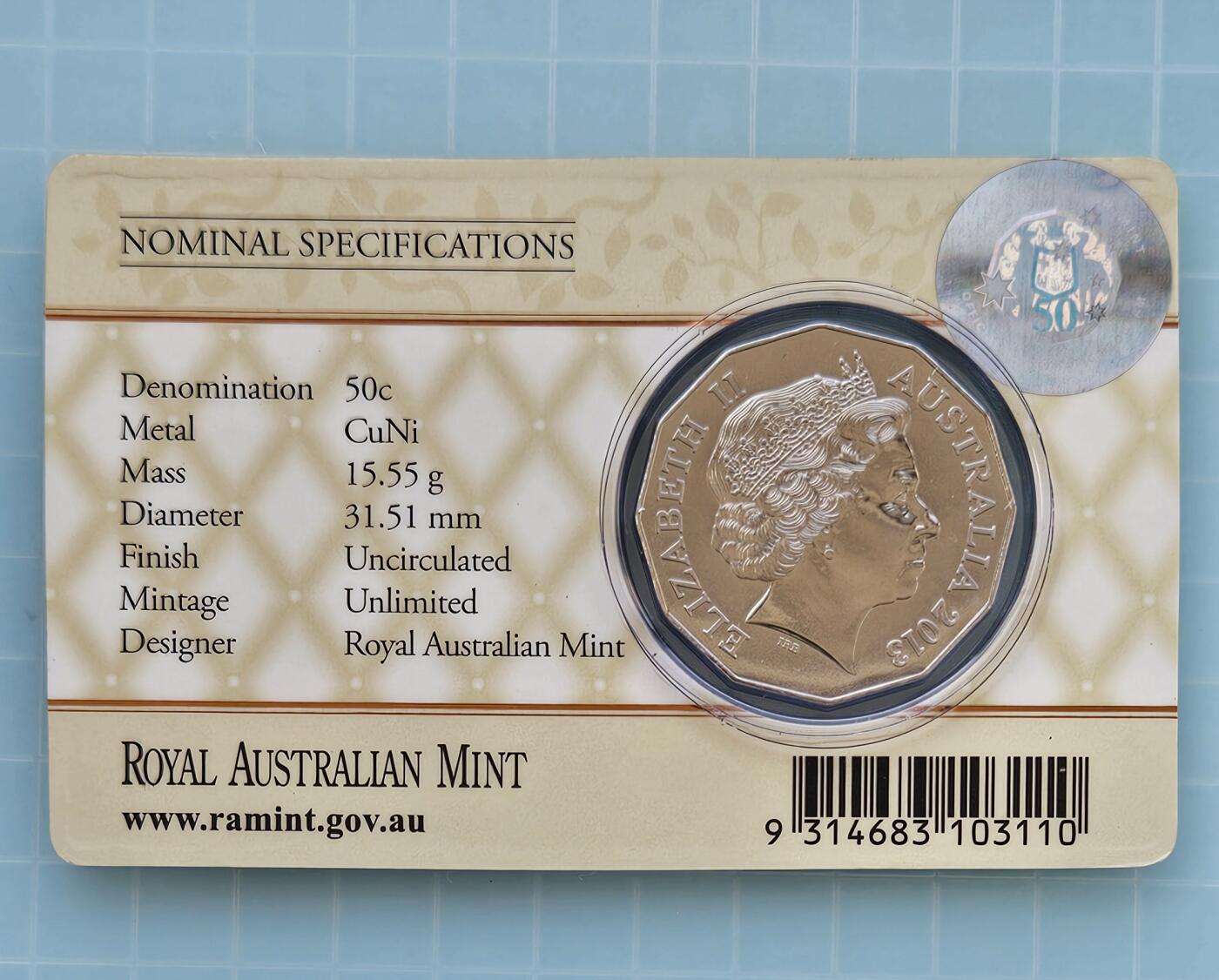 JoDe826 收藏第02次拍卖，英联邦地区硬币纸币  澳大利亚 年份 2013, 50 Cents, 全新的 纪念钞 硬币 带卡 