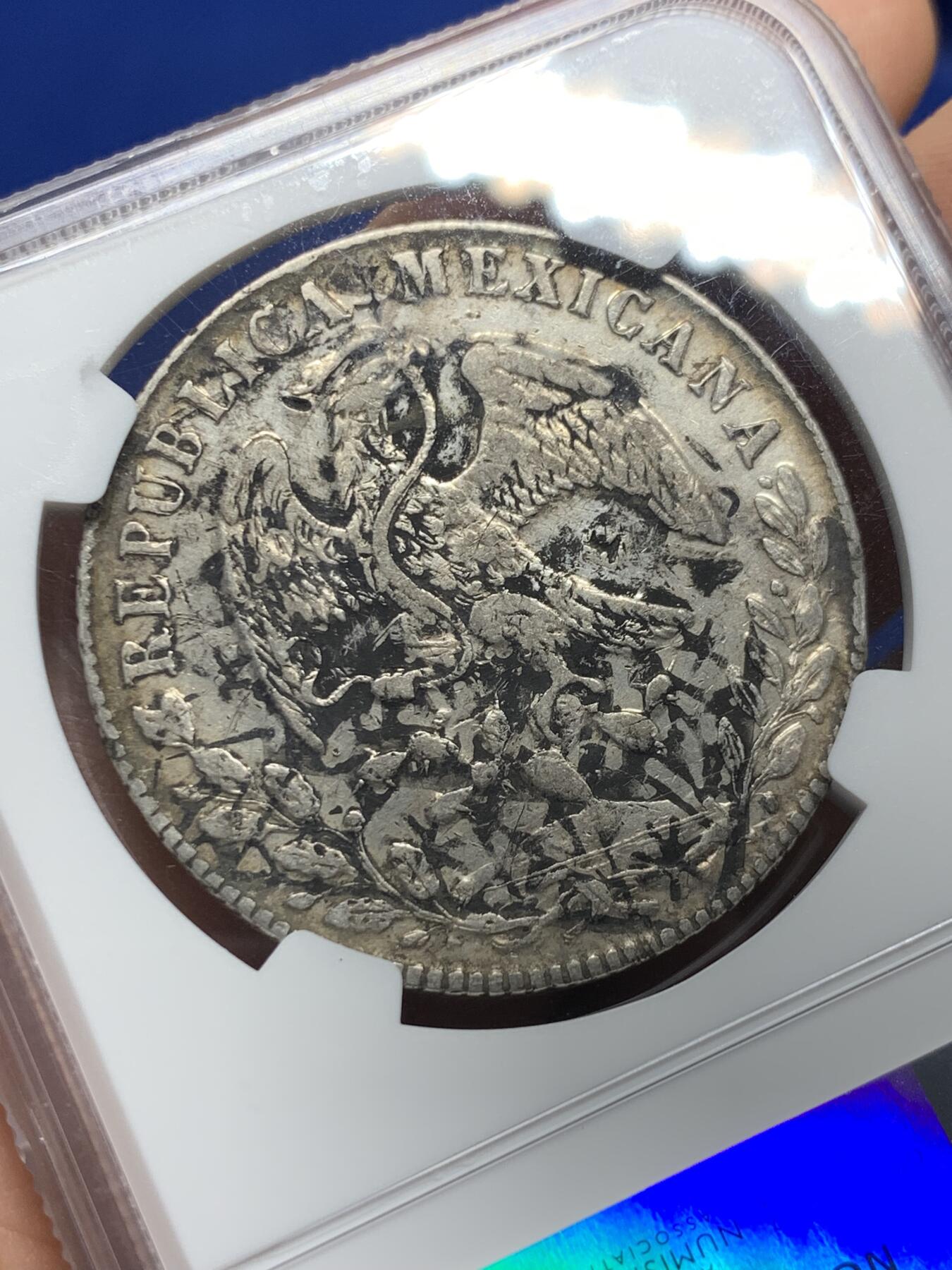 《竞宝斋》第374场 周日，周一，周二 3场连拍 （全场包邮） NGC XFD 墨西哥1880年鹰洋 AS阿拉莫斯厂，比较少见，墨印，有戳