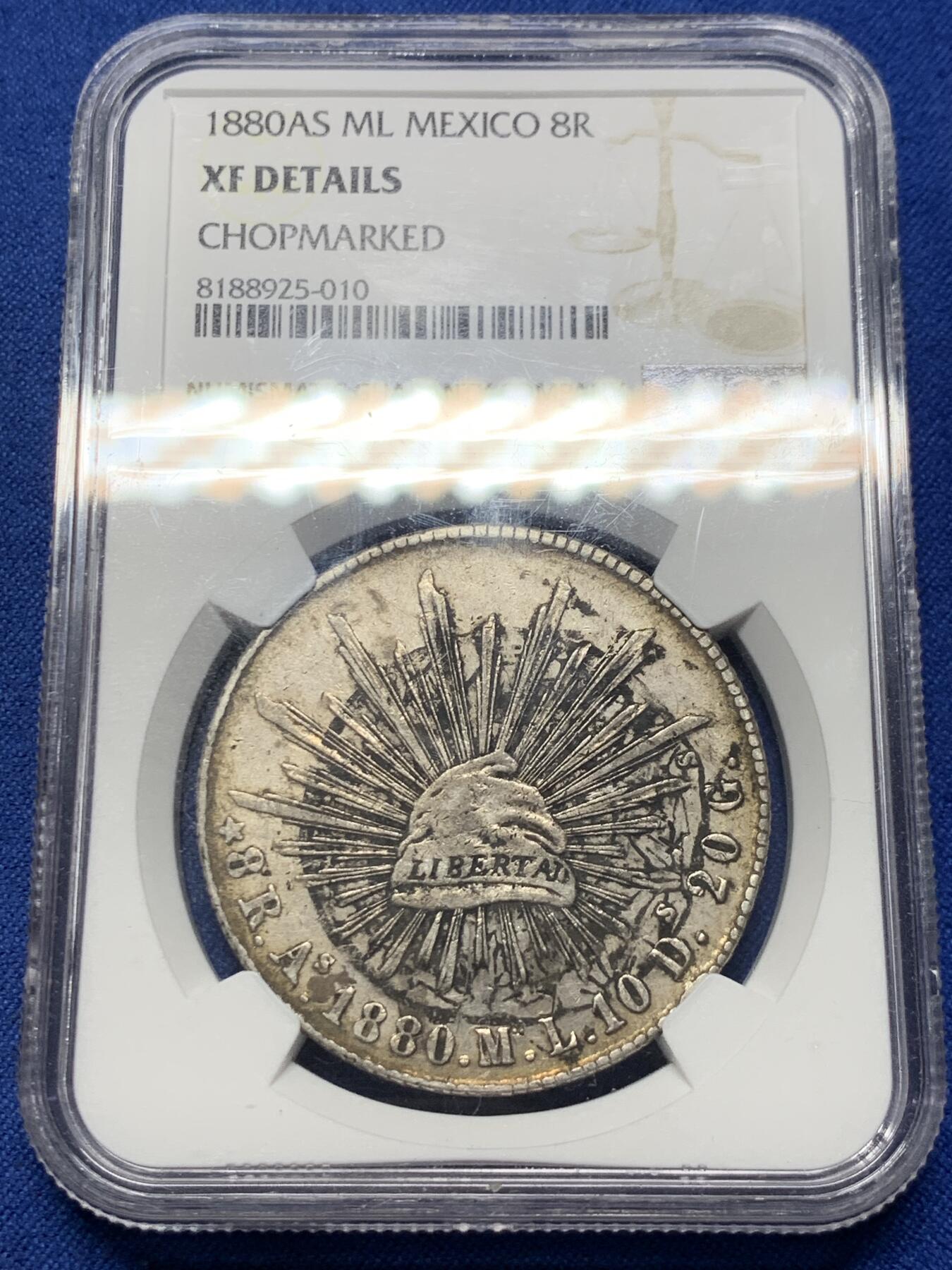 《竞宝斋》第374场 周日，周一，周二 3场连拍 （全场包邮） NGC XFD 墨西哥1880年鹰洋 AS阿拉莫斯厂，比较少见，墨印，有戳