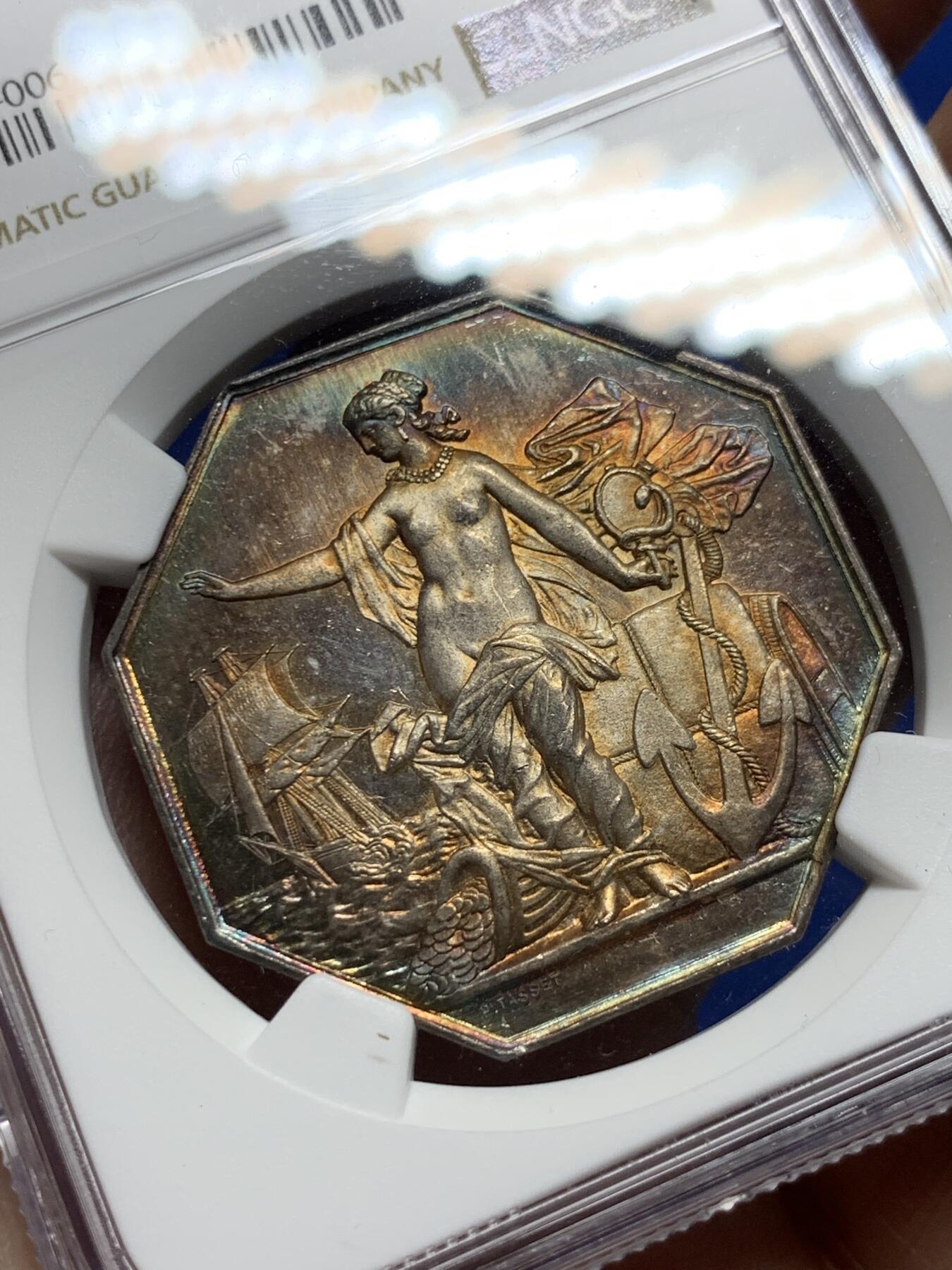 《竞宝斋》第375场 周日，周一，周二 3场连拍 （全场包邮） NGC MS63 法国先见之明海上保险公司八角银章，味道极好的环五彩包浆