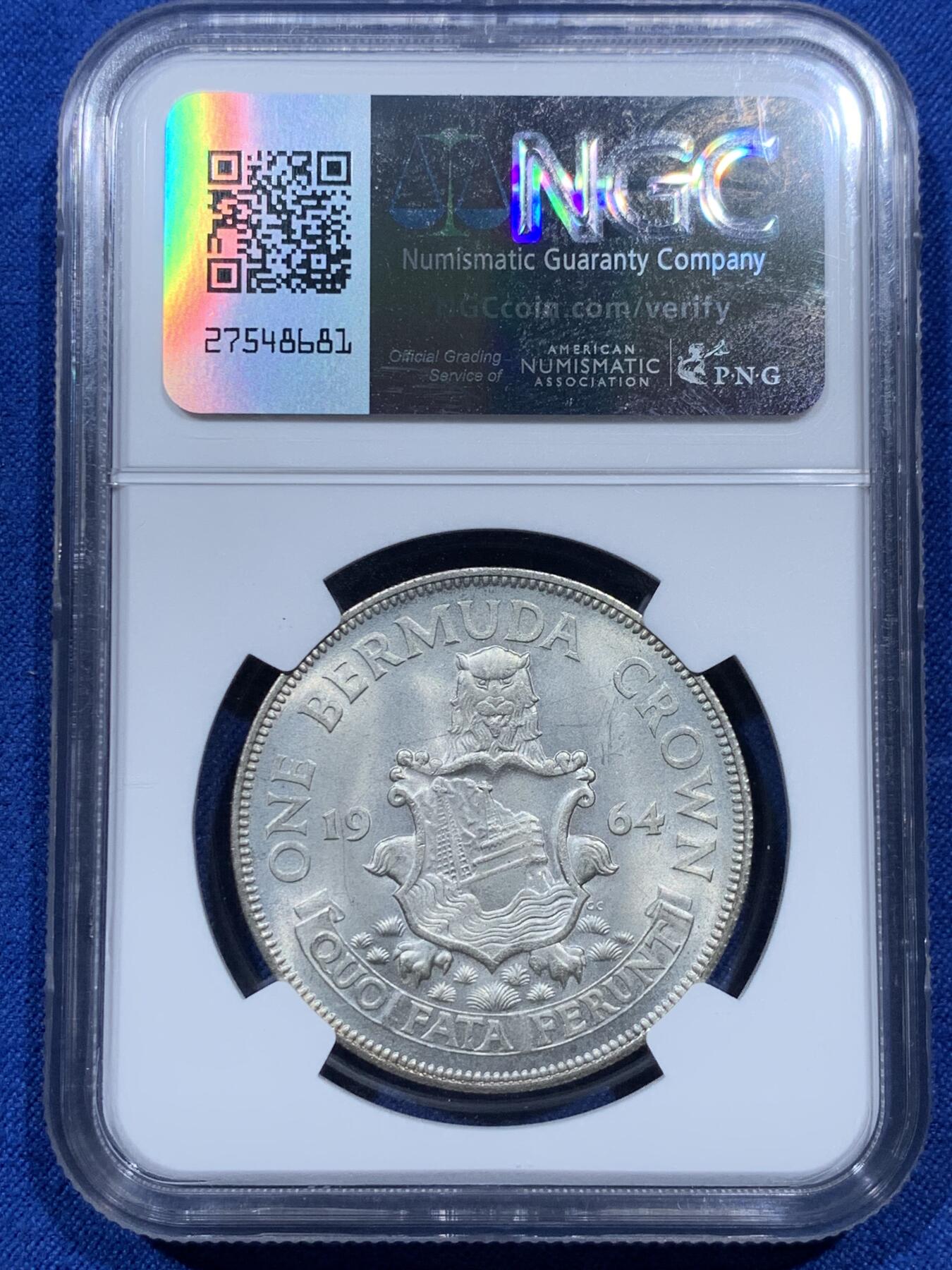 《竞宝斋》第374场 周日，周一，周二 3场连拍 （全场包邮） NGC MS65 英属百慕大1964年伊丽莎白二世青年头像克朗银币 经典女王头像