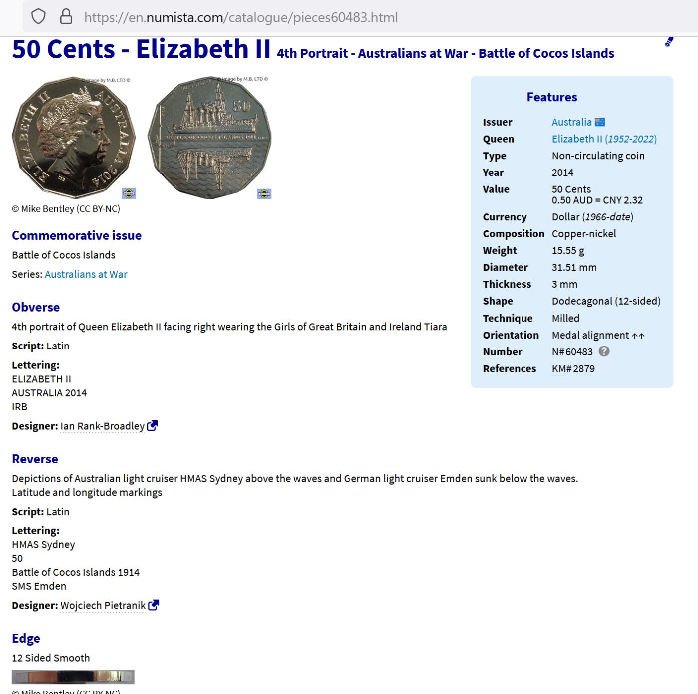 JoDe826 收藏第02次拍卖，英联邦地区硬币纸币  澳大利亚 年份 2014, 50 Cents, 全新的 纪念钞 硬币 带卡 