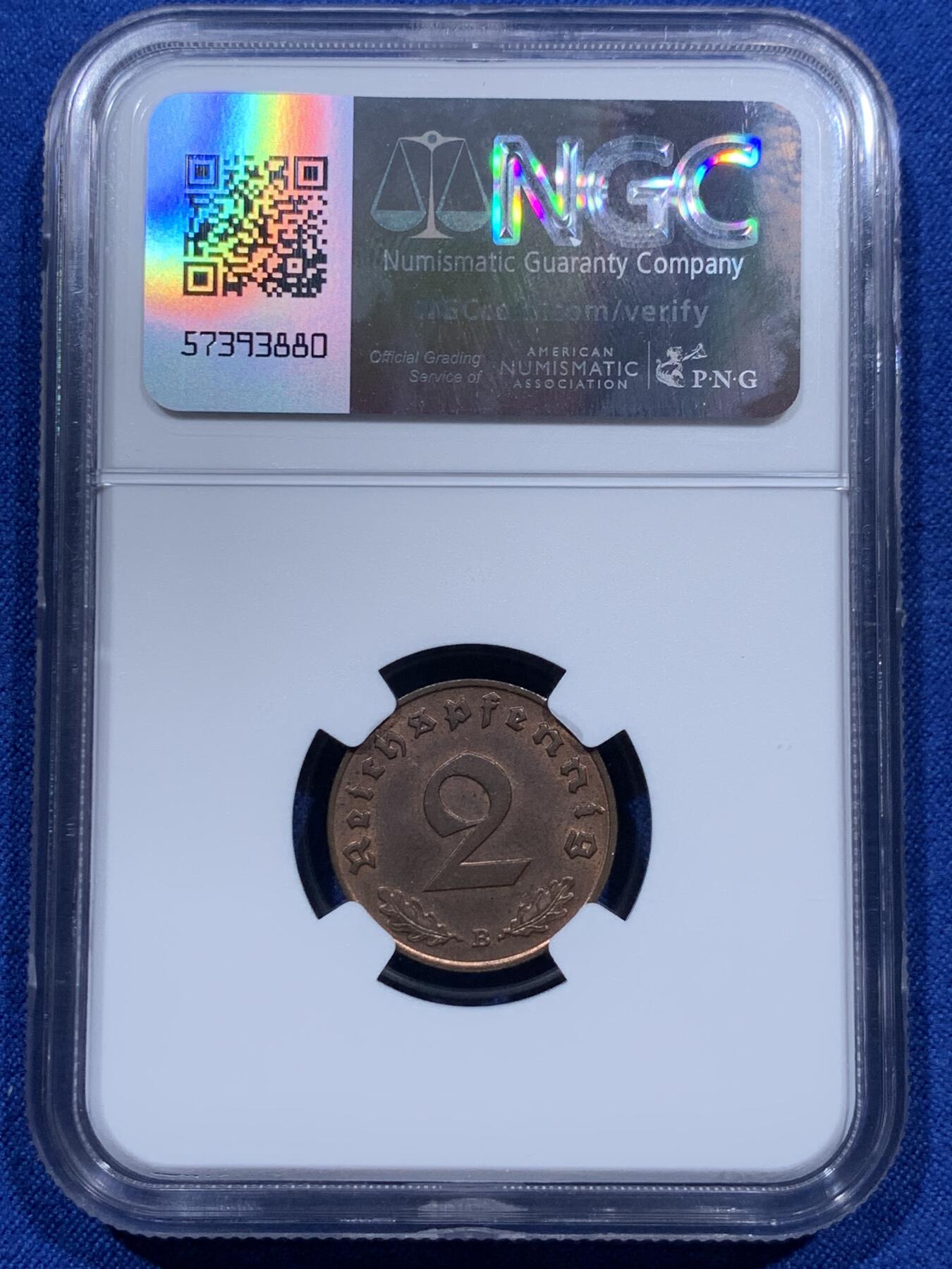 《竞宝斋》第374场 周日，周一，周二 3场连拍 （全场包邮） NGC MS63RB 1939B德国2芬尼