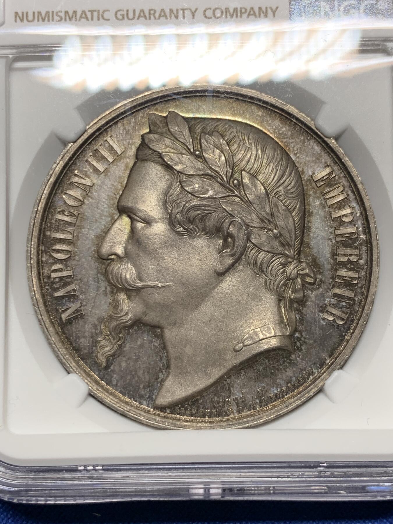 《竞宝斋》第375场 周日，周一，周二 3场连拍 （全场包邮） NGC MS65 法国拿破仑三世头像博韦工业展银章