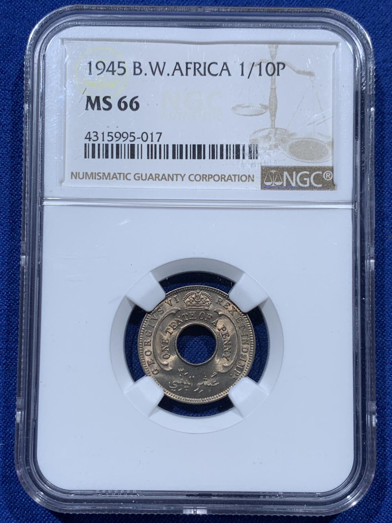 《竞宝斋》第374场 周日，周一，周二 3场连拍 （全场包邮） NGC MS66 英属西非1945年1/10便士