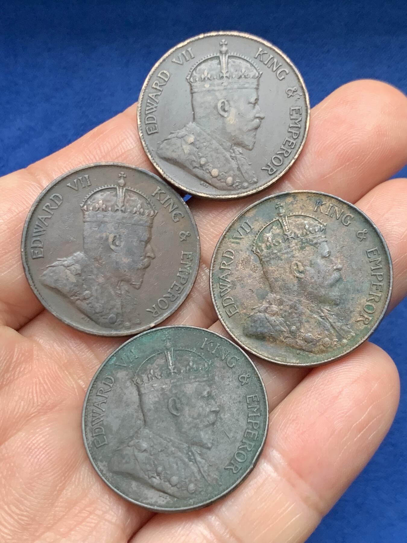 《竞宝斋》第374场 周日，周一，周二 3场连拍 （全场包邮） 四枚一组 香港 1905H年 爱德华 一仙 铜币 原味包浆