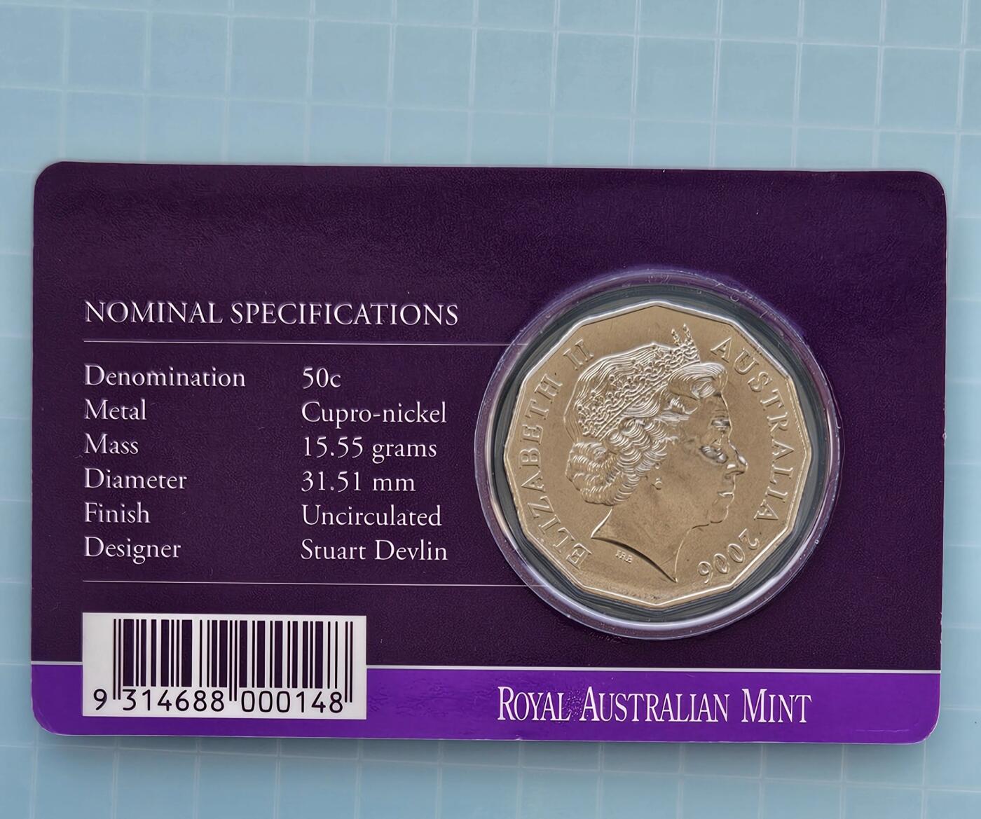 JoDe826 收藏第02次拍卖，英联邦地区硬币纸币  澳大利亚 年份 2006, 50 Cents, 全新的 纪念钞 硬币 带卡 