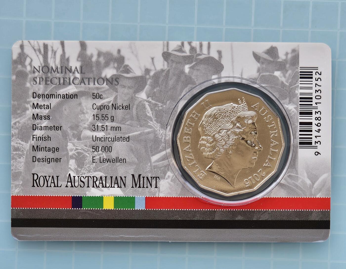 JoDe826 收藏第02次拍卖，英联邦地区硬币纸币  澳大利亚 年份 2015, 50 Cents, 全新的 纪念钞 硬币 带卡 