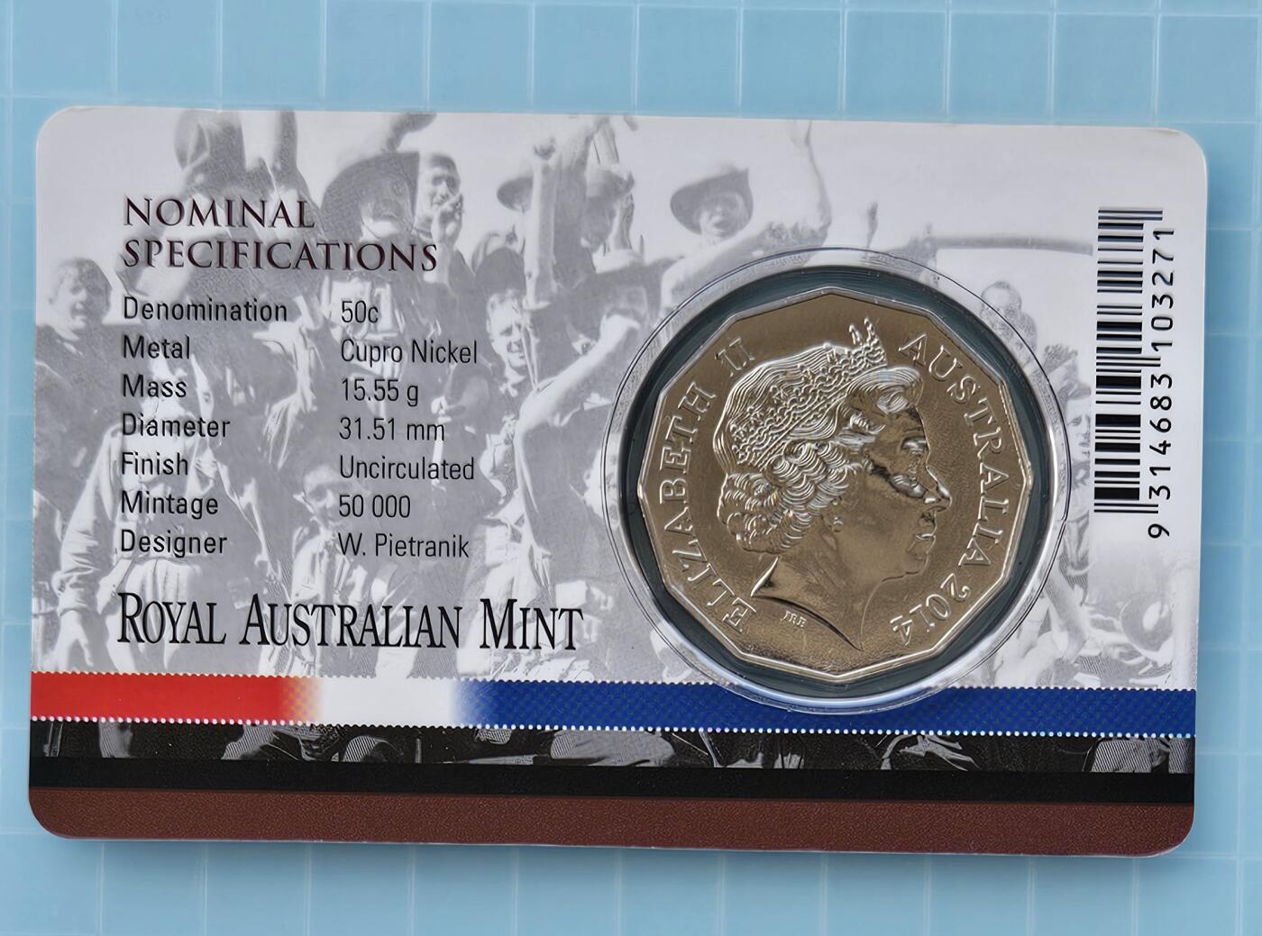 JoDe826 收藏第02次拍卖，英联邦地区硬币纸币  澳大利亚 年份 2014, 50 Cents, 全新的 纪念钞 硬币 带卡 