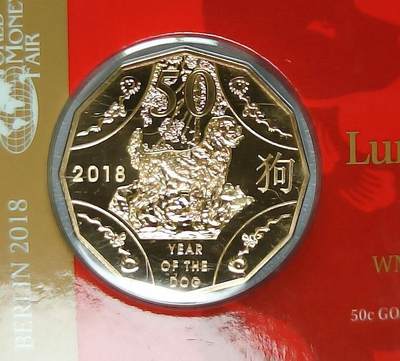 JoDe826 收藏第02次拍卖，英联邦地区硬币纸币 - 澳大利亚 年份 2018, 50 Cents, 全新的 纪念钞 硬币 带卡  "Lunar Year of the Dog"