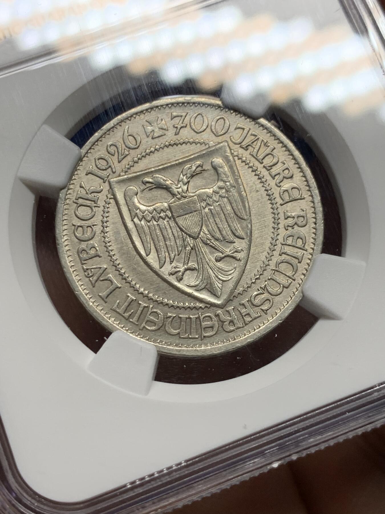 《竞宝斋》第374场 周日，周一，周二 3场连拍 （全场包邮） NGC UNCD 德国1926A吕贝克700年自由3马克银币