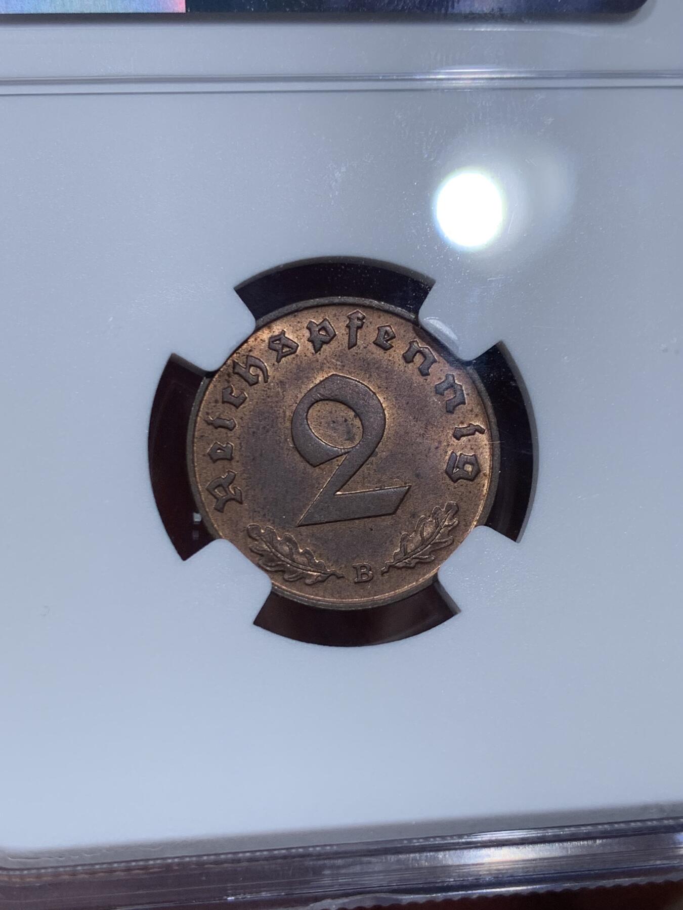 《竞宝斋》第374场 周日，周一，周二 3场连拍 （全场包邮） NGC MS63RB 1939B德国2芬尼