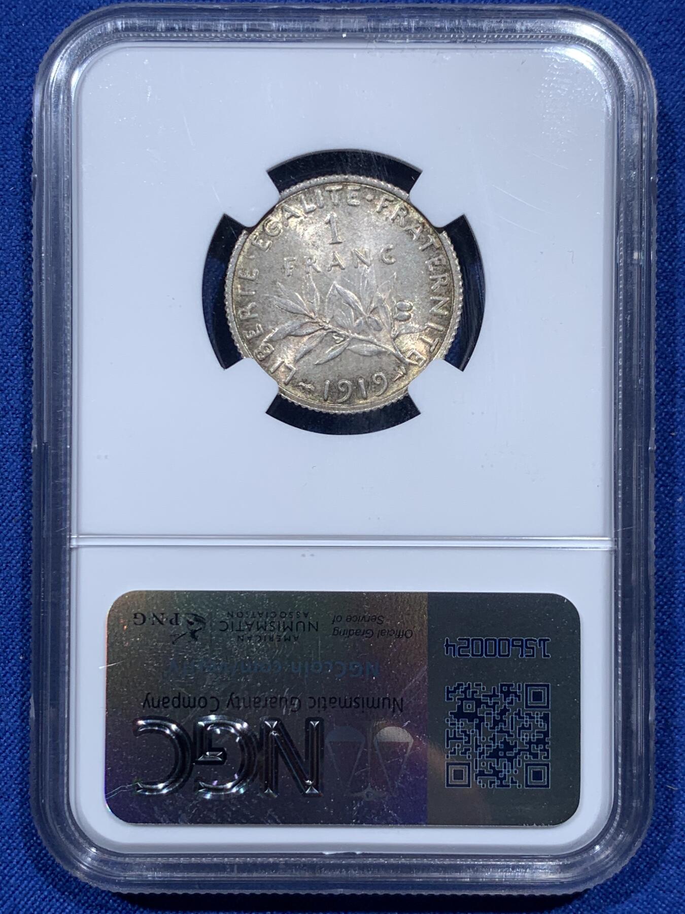 《竞宝斋》第374场 周日，周一，周二 3场连拍 （全场包邮） NGC MS63 法国1919年谷物女神1法郎银币