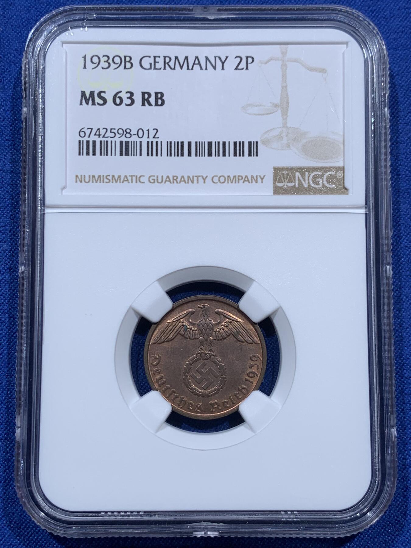 《竞宝斋》第374场 周日，周一，周二 3场连拍 （全场包邮） NGC MS63RB 1939B德国2芬尼