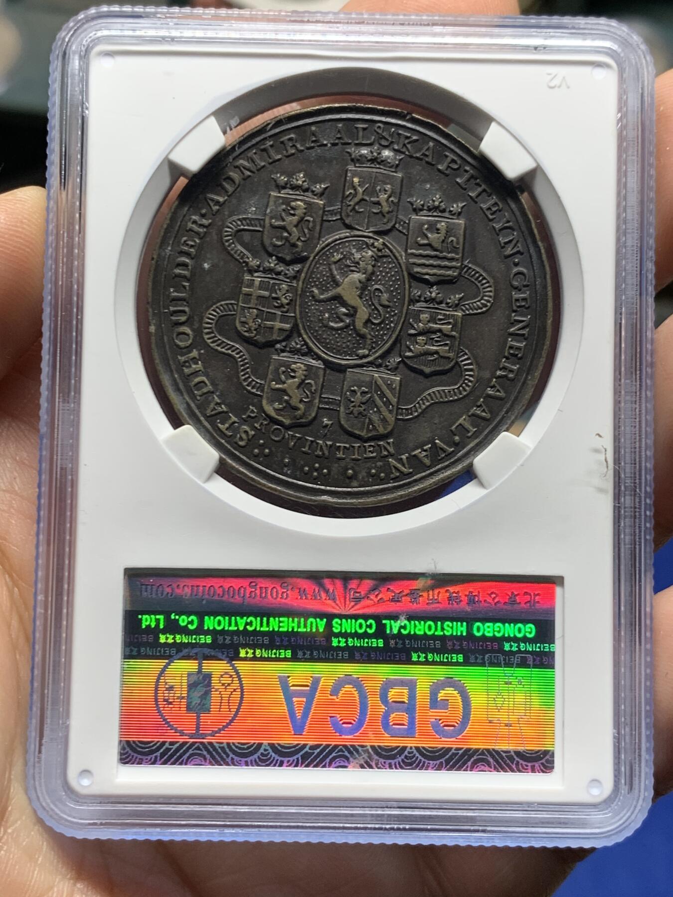 《竞宝斋》第375场 周日，周一，周二 3场连拍 （全场包邮） 公博MS63 1747年尼德兰联省共和国锌章，奥兰治亲王夫妇头像