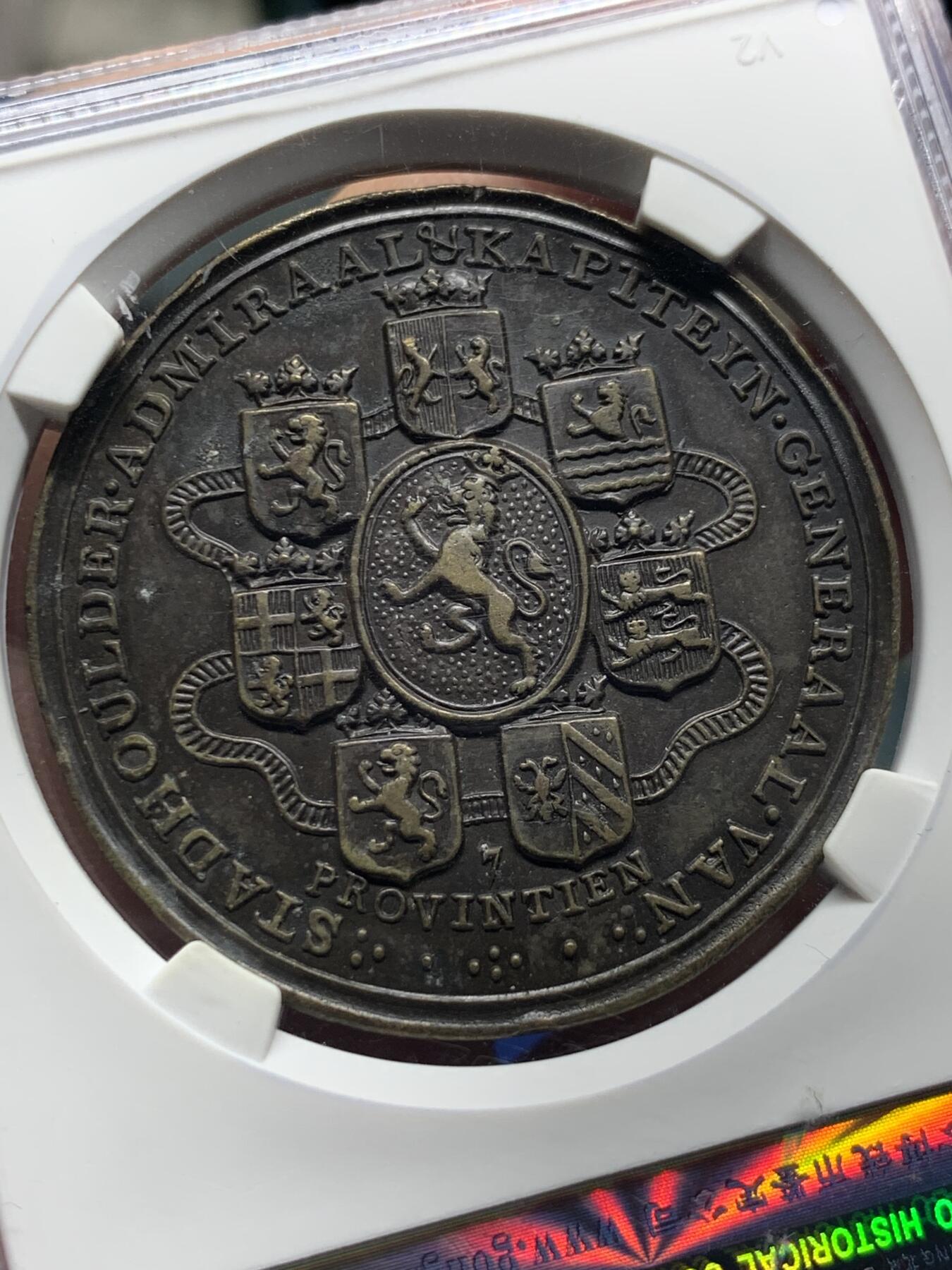 《竞宝斋》第375场 周日，周一，周二 3场连拍 （全场包邮） 公博MS63 1747年尼德兰联省共和国锌章，奥兰治亲王夫妇头像