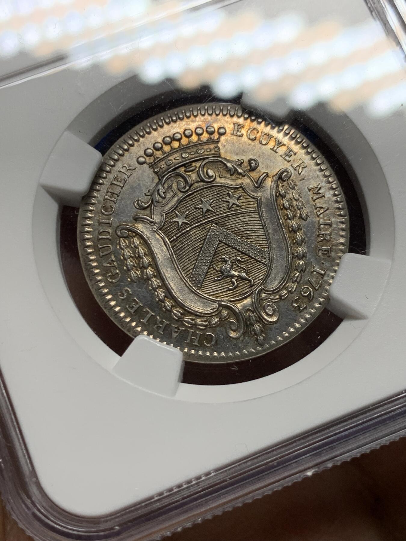 《竞宝斋》第375场 周日，周一，周二 3场连拍 （全场包邮） NGC-UNCD 法国带有1763年昂热市长查尔斯·戈迪谢尔徽章的银质代币