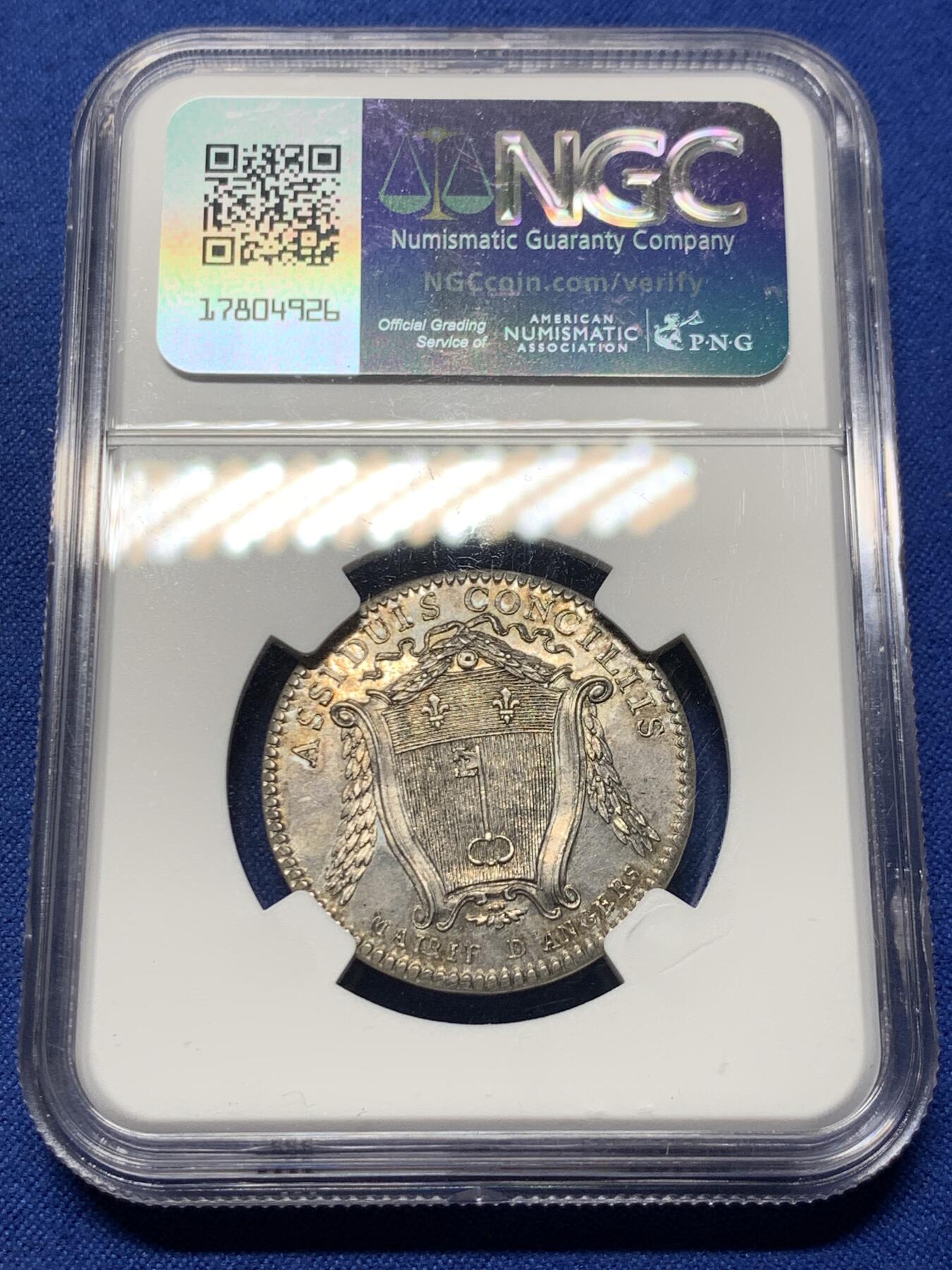 《竞宝斋》第375场 周日，周一，周二 3场连拍 （全场包邮） NGC-UNCD 法国带有1763年昂热市长查尔斯·戈迪谢尔徽章的银质代币