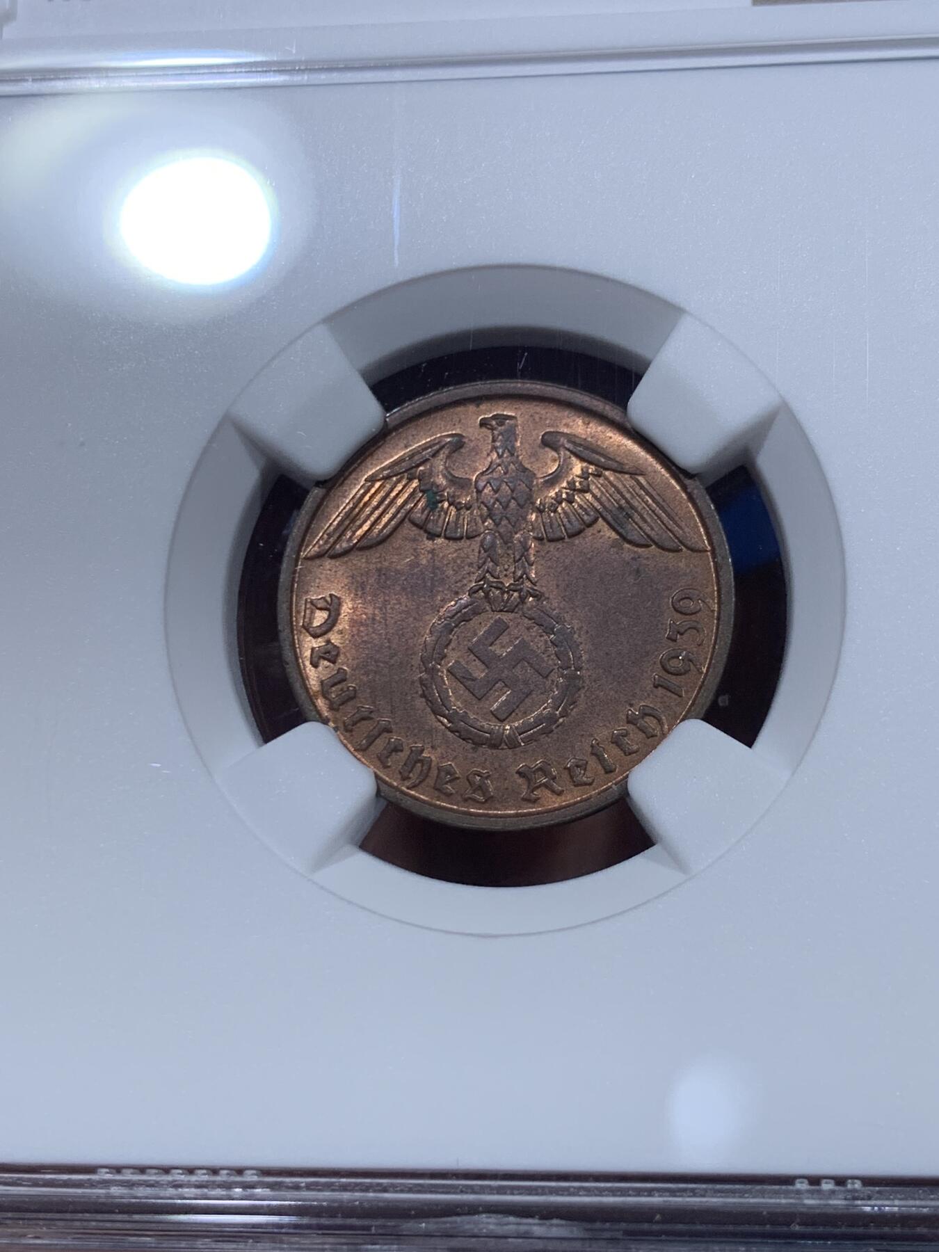 《竞宝斋》第374场 周日，周一，周二 3场连拍 （全场包邮） NGC MS63RB 1939B德国2芬尼