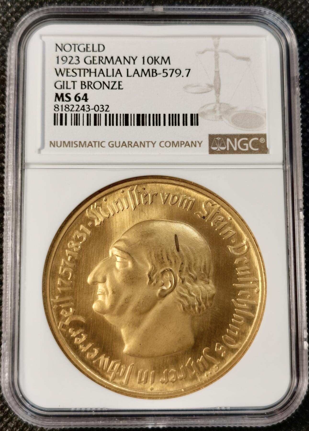  甄臻铺-世界币章拍卖（第14期）送拍享返佣金等优惠多多 NGC-MS64 1923年德国德紧威斯特伐利亚马币10000马克大铜币，金光耀眼