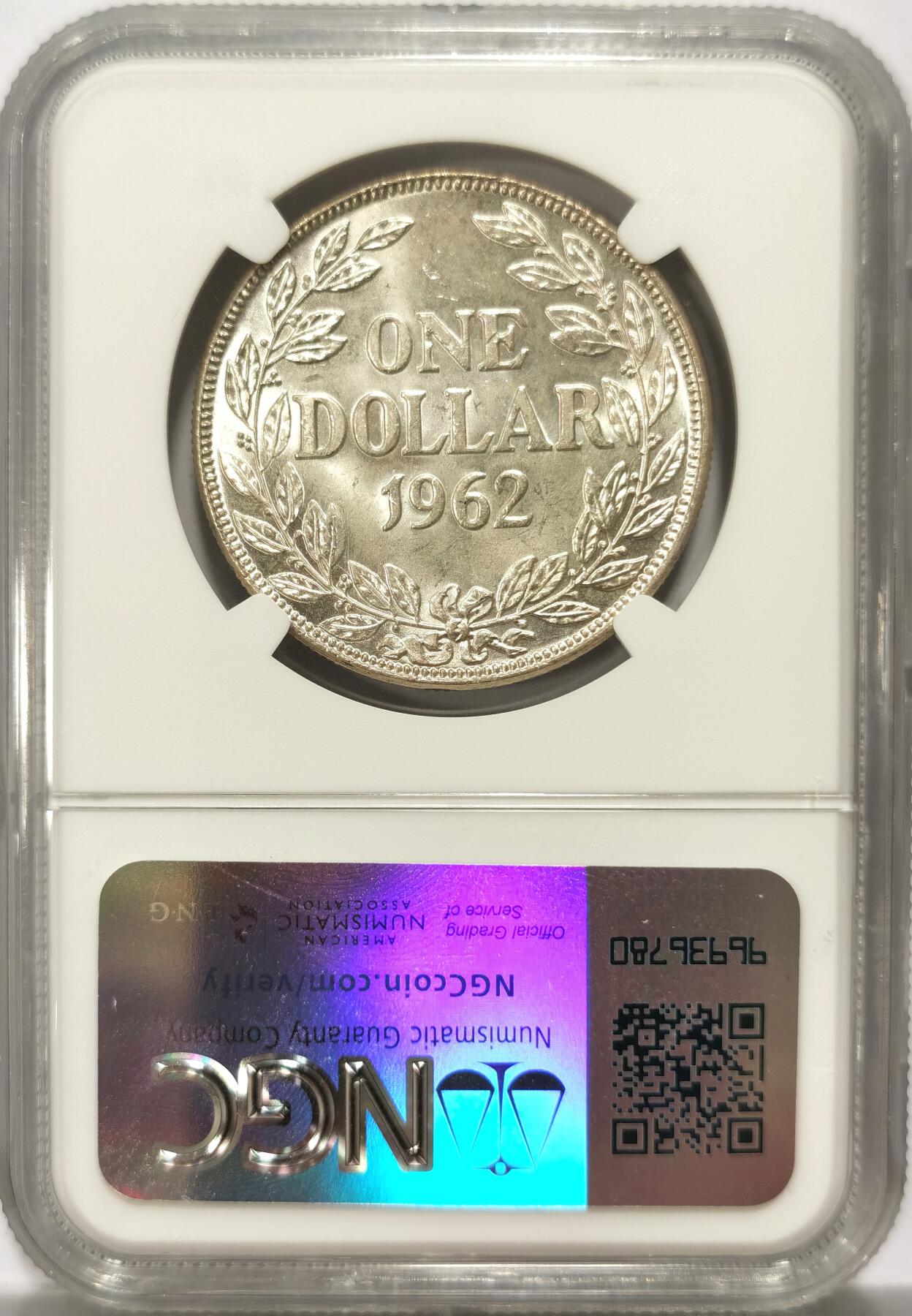 博洋堂“春风得意”四月精品专场暨第120期（全场包邮） NGC MS65 冠军分！利比里亚1962年一元大银币，顶级BU车轮光，非洲高银流通主币，65难得，一步到位的好品相。