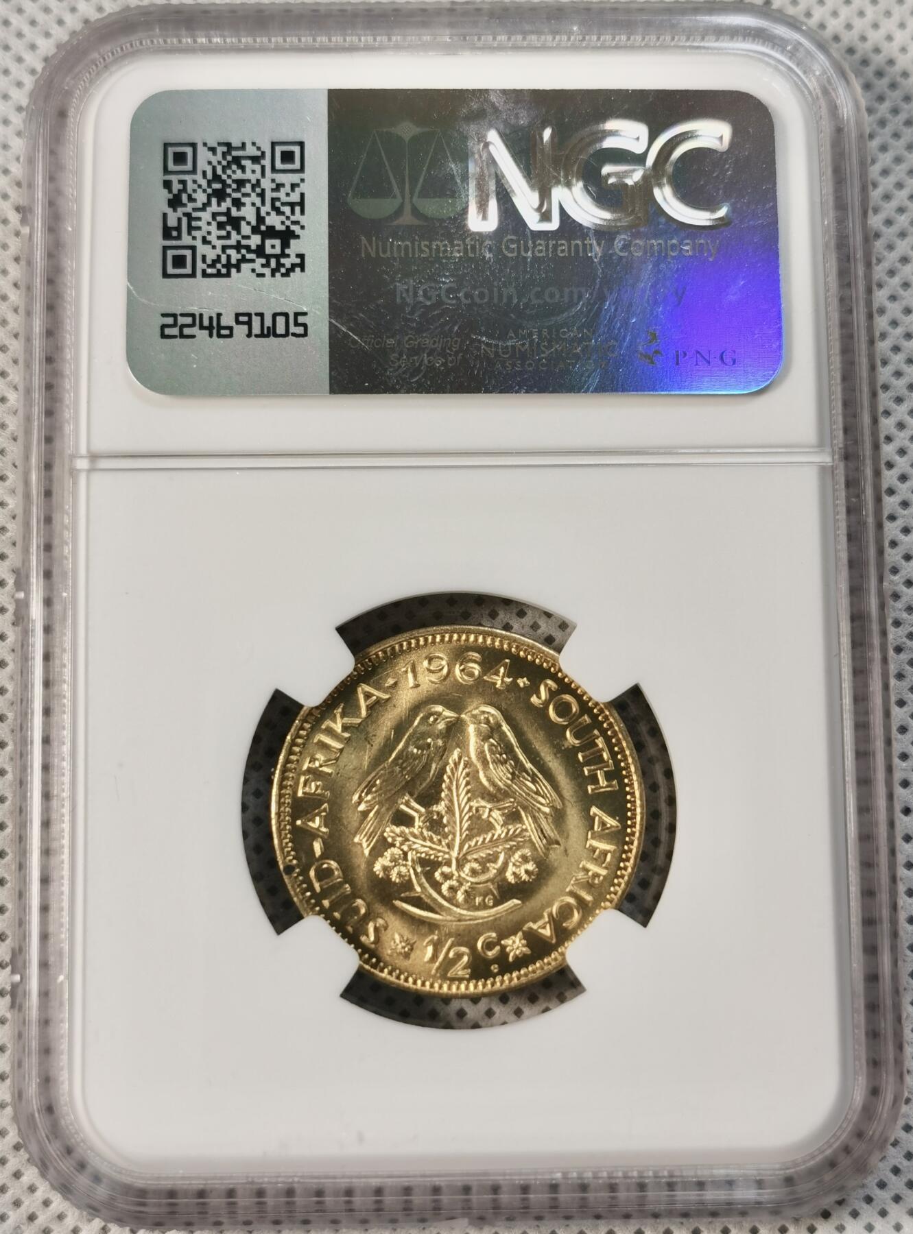  甄臻铺-世界币章拍卖（第14期）送拍享返佣金等优惠多多 NGC-MS67 南非 1964 1/2分 吕贝克铜币 币面转光，铜光耀眼