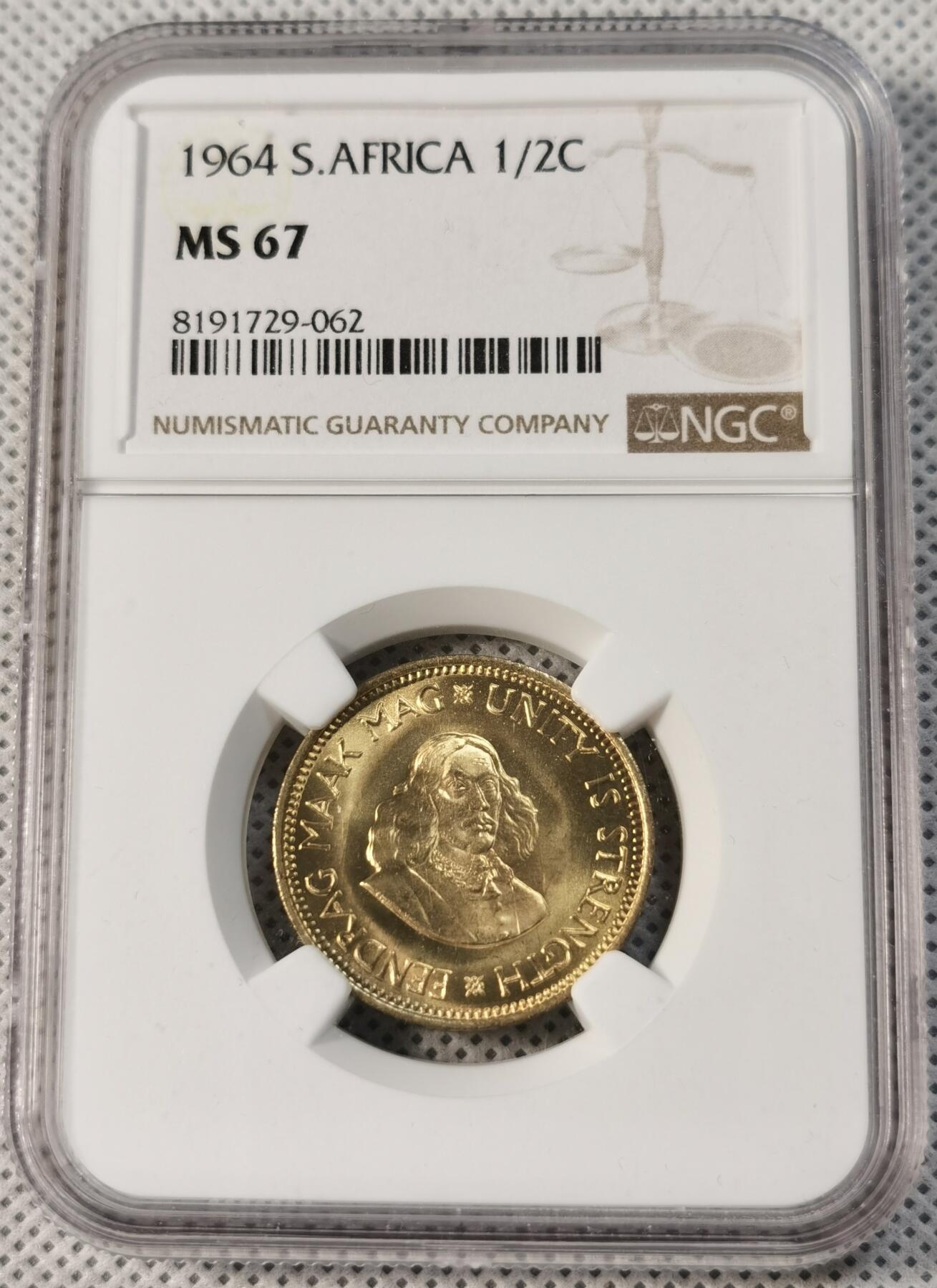  甄臻铺-世界币章拍卖（第14期）送拍享返佣金等优惠多多 NGC-MS67 南非 1964 1/2分 吕贝克铜币 币面转光，铜光耀眼