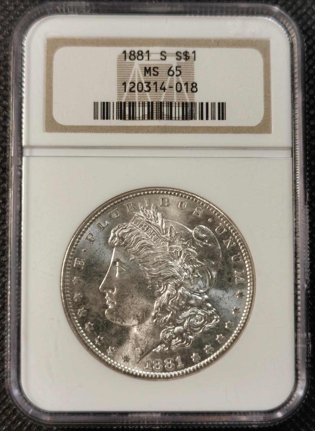  甄臻铺-世界币章拍卖（第14期）送拍享返佣金等优惠多多 NGC-MS65 1881年S版摩根，PL地板，经典小白盒