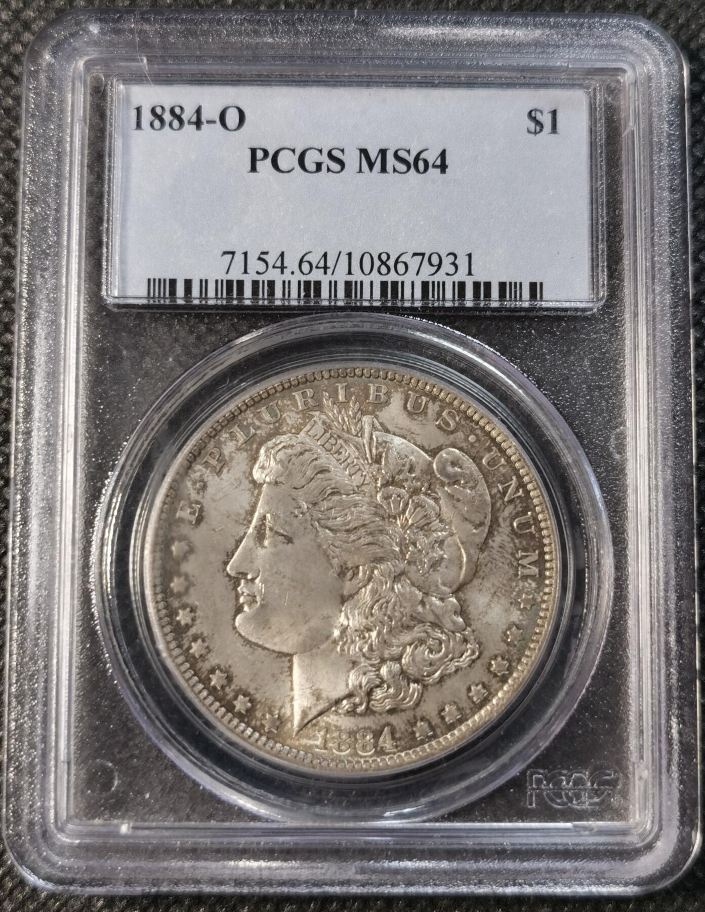  甄臻铺-世界币章拍卖（第14期）送拍享返佣金等优惠多多 NGC-MS64 美国1884年摩根银币O版，原汁原味五彩老包浆，打制精美，状态一流，P盒老白盒严评