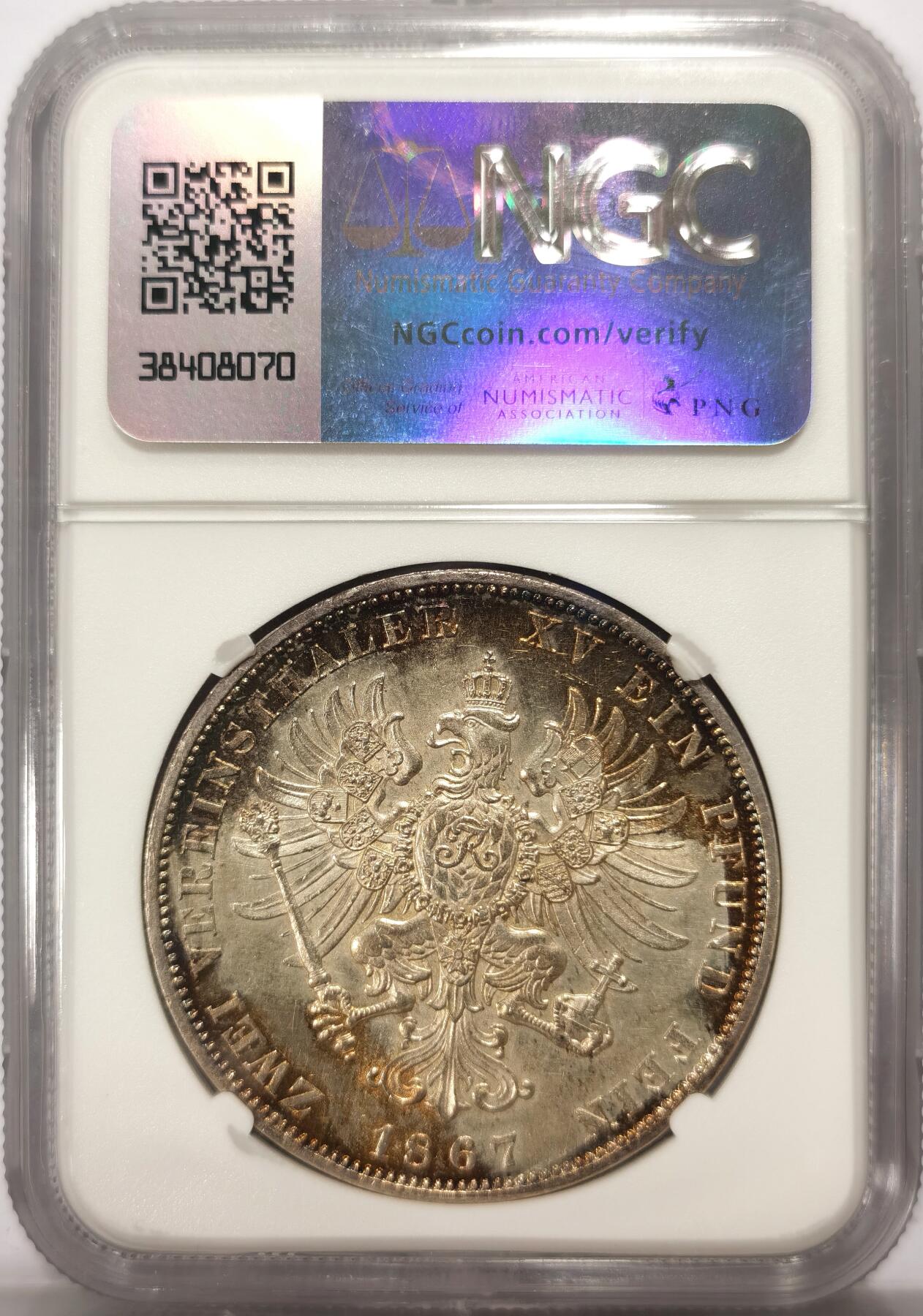 博洋堂“春风得意”四月精品专场暨第120期（全场包邮） NGC MS62 德国普鲁士1867年大鸟2泰勒，法兰克福厂，少见醇厚的五彩包浆。