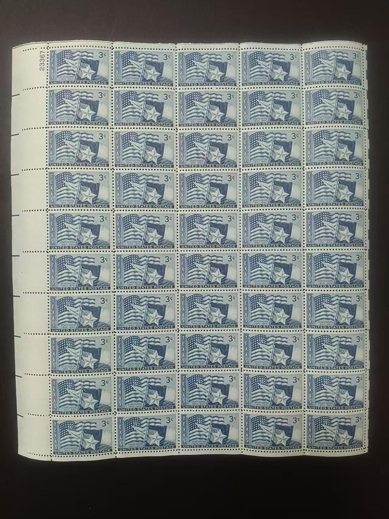 大版票 —— 美国大版票，1945.12.29，德克萨斯建州百年，单枚成套  （店内编号211）