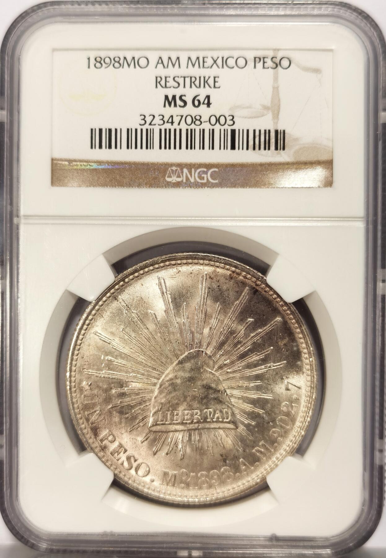 博洋堂“春风得意”四月精品专场暨第120期（全场包邮） NGC MS64 1898年MO AM版墨西哥直边鹰洋1比索 后铸版