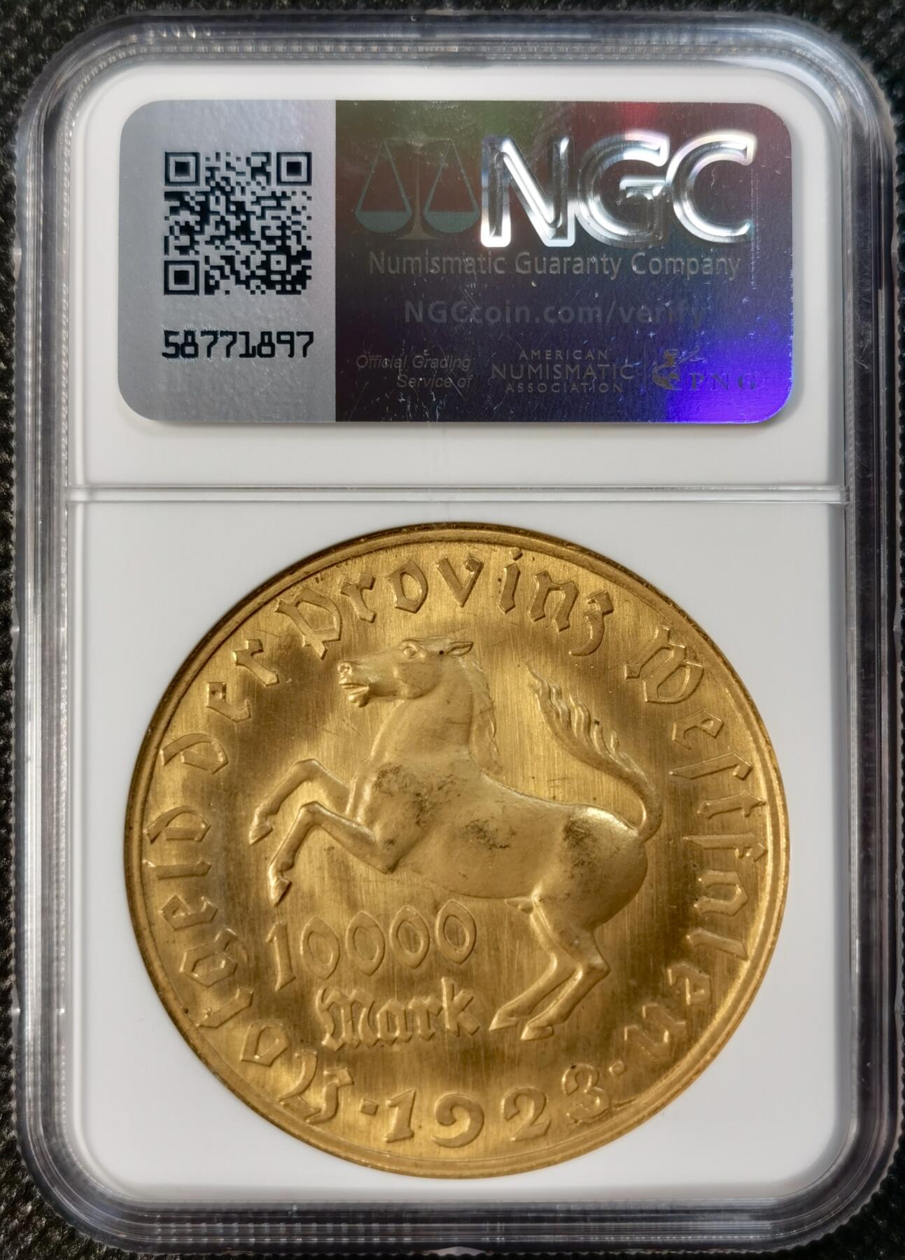  甄臻铺-世界币章拍卖（第14期）送拍享返佣金等优惠多多 NGC-MS64 1923年德国德紧威斯特伐利亚马币10000马克大铜币，金光耀眼