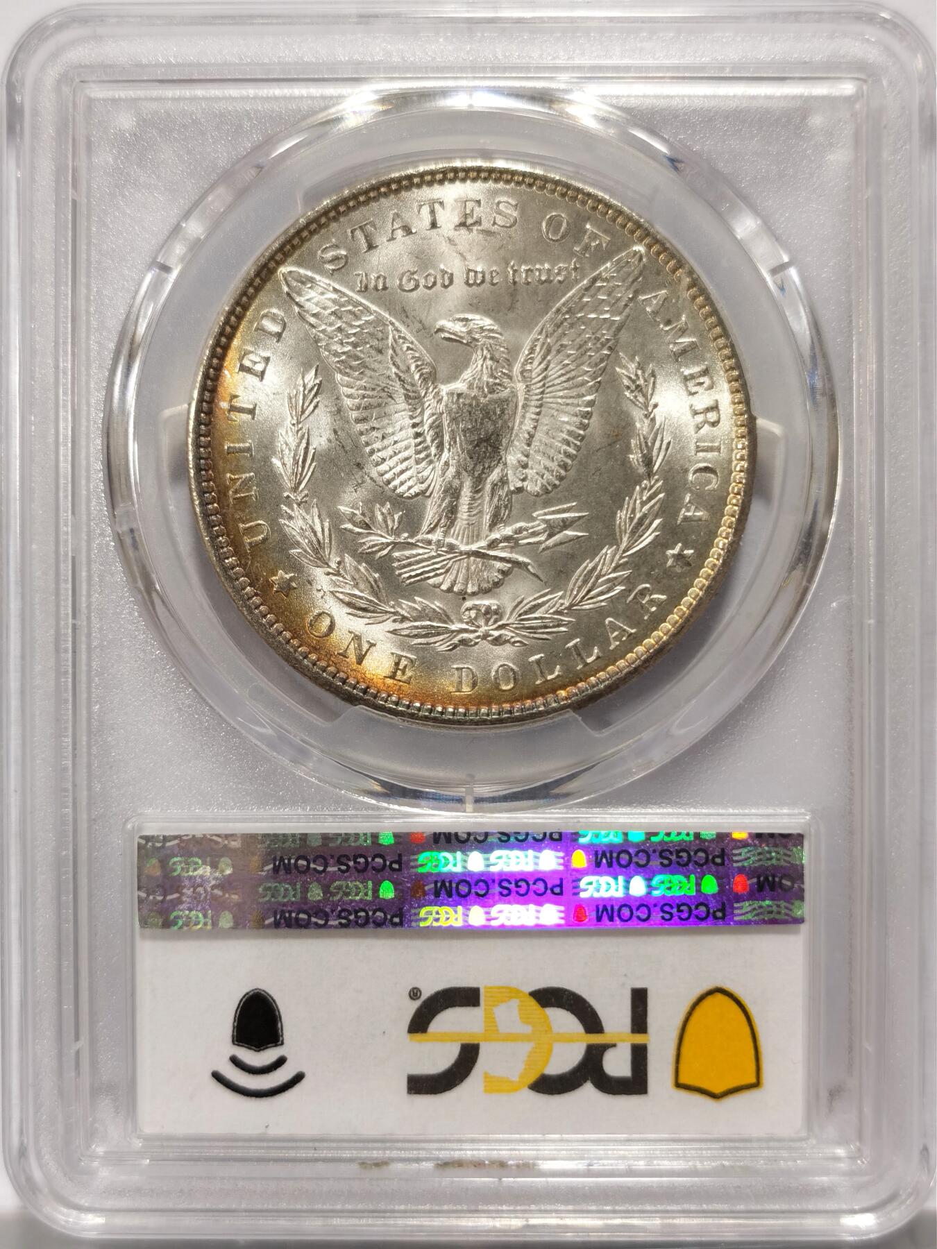 博洋堂“春风得意”四月精品专场暨第120期（全场包邮） PCGS MS63 美国1888年摩根银币，正面卷首极品五彩，背面带大面积环彩，丝绸转光，吉祥特年，自藏级美彩。