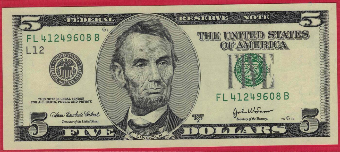 美国2003年5元 FL-B冠 序列A 尾8 实物图 UNC