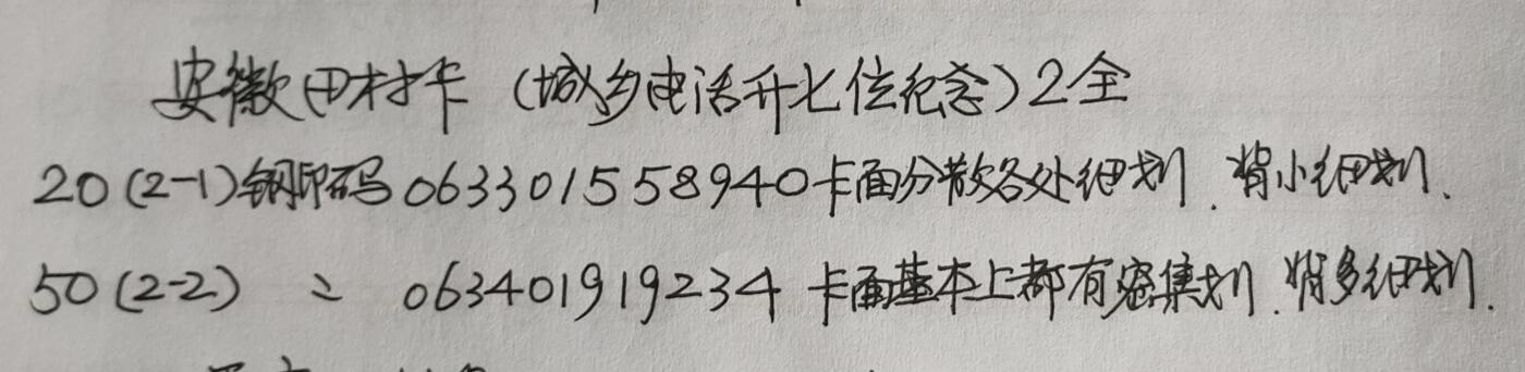 公藏第43期裸卡拍卖 安徽田村卡（城乡电话升七位）2全，品相钢印码见描述。