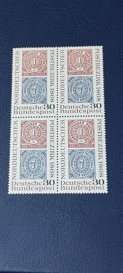 德国邮票专场，都是四方联 - 德国邮票四方联一张，1968年发行，邮政联盟百年。品相如图
