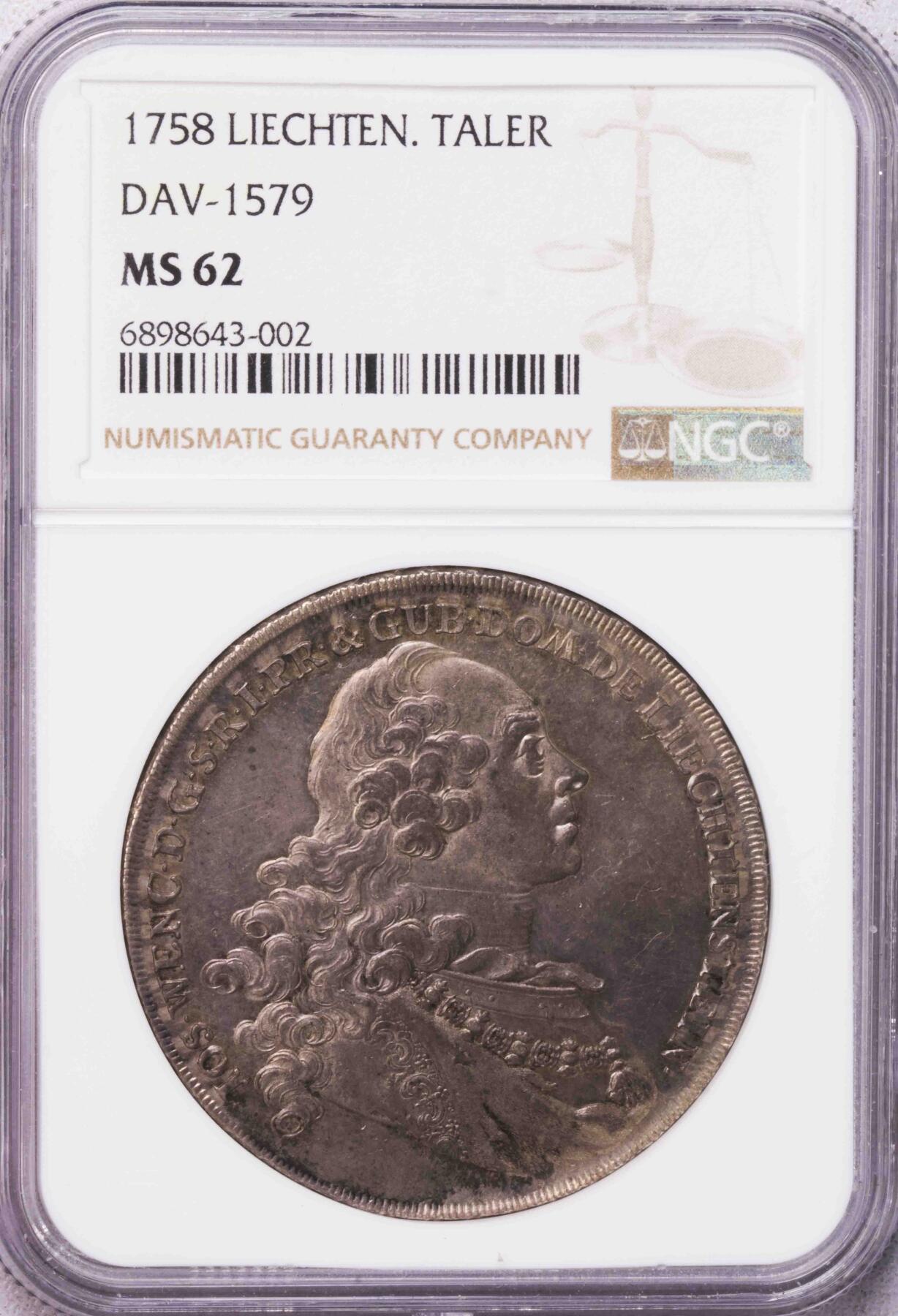 NGC-MS62 1758列支敦士登公国约瑟夫维泽尔亲王 季军