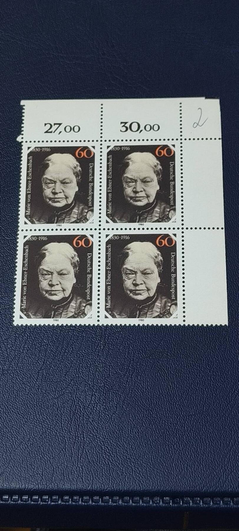 德国邮票拍场，都是四方联，清仓大甩卖 德国邮票四方联一张，1980年发行，奥地利女作家  艾布纳埃申巴赫。品相如图