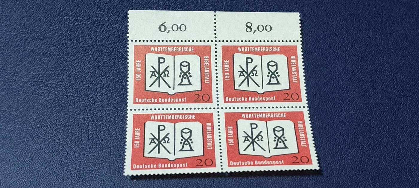 德国邮票拍场，都是四方联，清仓大甩卖 德国邮票四方联一张，1962年发行，符腾堡圣经会150周年。品相如图