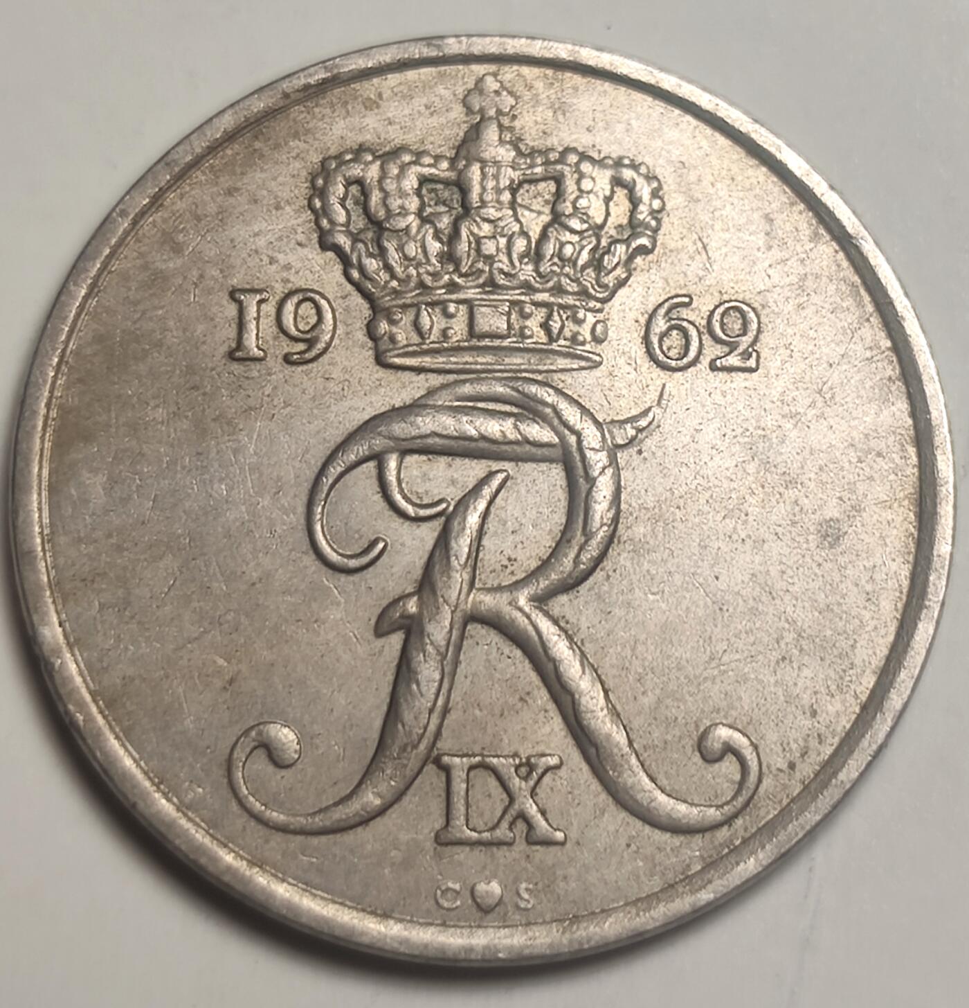 泉币菌-第21场-中外散币乐园 丹麦1962年25欧尔   Copper-Nickel, 23 mm.