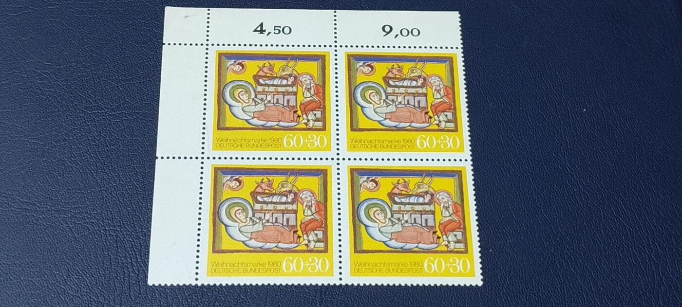 德国邮票拍场，都是四方联，清仓大甩卖 德国邮票四方联一张，1980年发行，圣诞节  阿尔托大教堂藏画《耶稣诞生》。品相如图