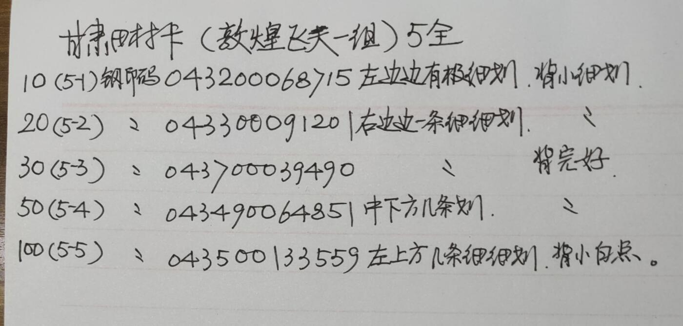 公藏第43期裸卡拍卖 甘肃田村卡（敦煌飞天一组）5全，品相钢印码见描述。