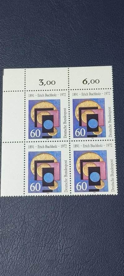 德国邮票专场，都是四方联 - 德国邮票四方联一张，1991年发行，画家  建筑学家  E.布克荷兹诞生100周年。品相如图