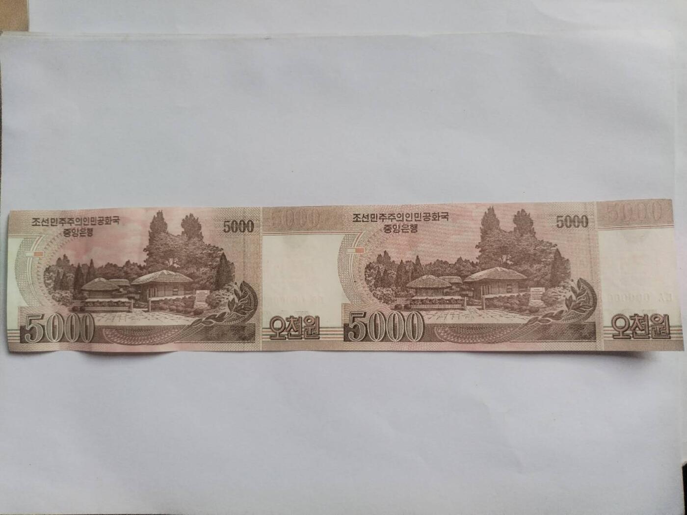 纸币专场 2008年 朝鲜币5000元。2连体。靓号：0000000。