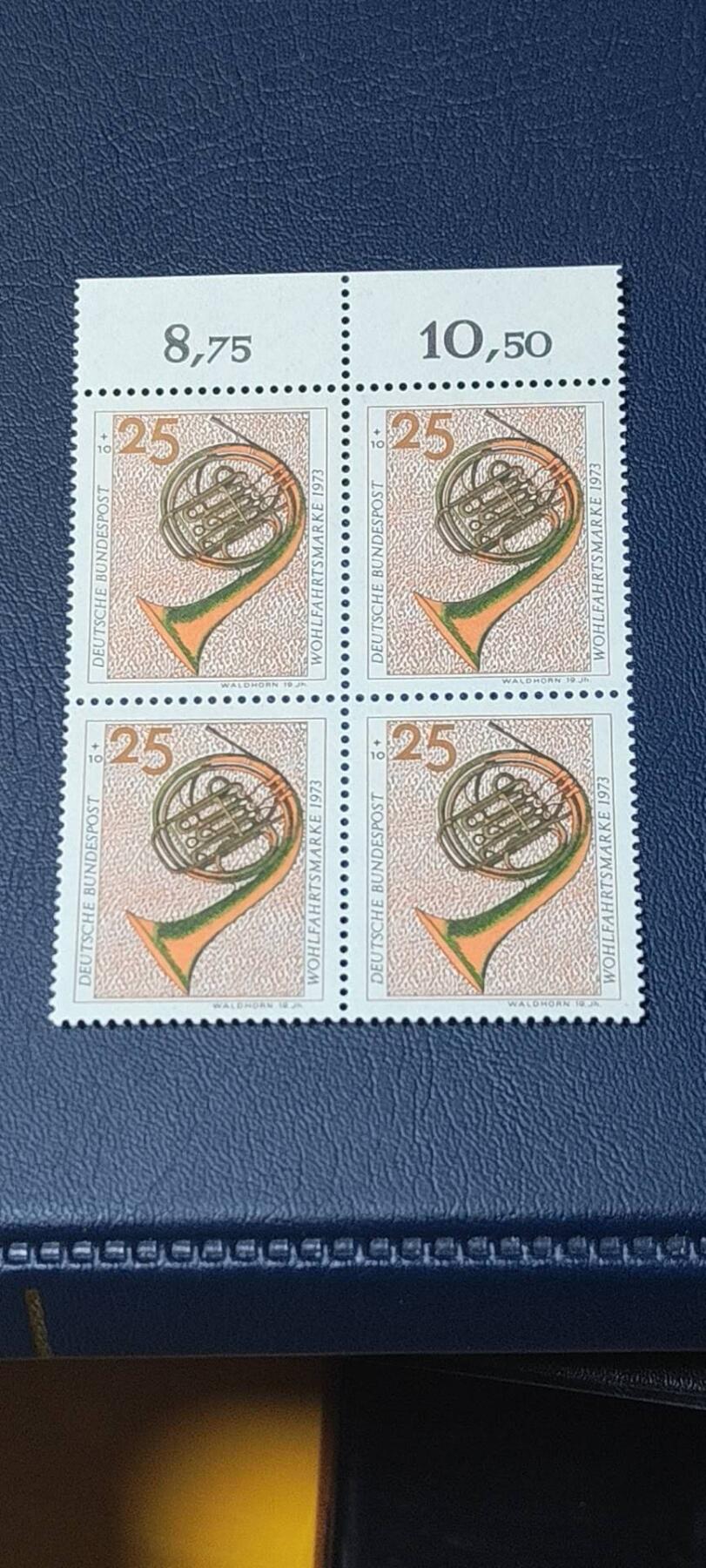 德国邮票拍场，都是四方联，清仓大甩卖 德国邮票四方联一张，1973年发行，乐器系列邮票—圆号。品相如图