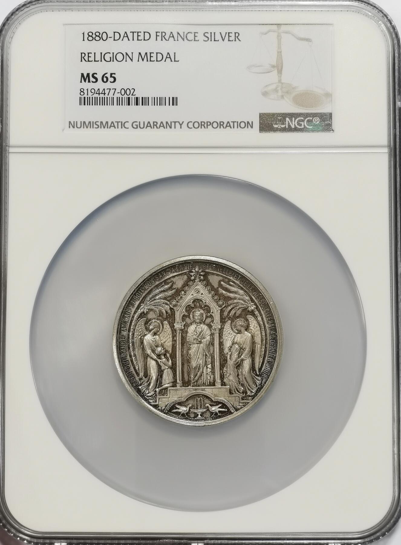 博洋堂“春风得意”四月精品专场暨第120期（全场包邮） NGC MS65 法国1880宗教洗礼巨大银章，超高浮雕精致底板，PL品质唯一冠军，50mm极其厚重！欧洲工业革命巅峰品质！初铸原版，和后期后铸再版货色完全不是一个等级！